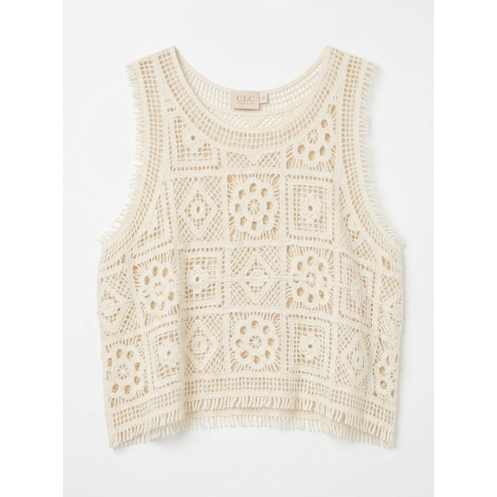 Good Luck Gem Crochet Tank Top Women Small Cream Boho Fringe YCGK3284 NWT